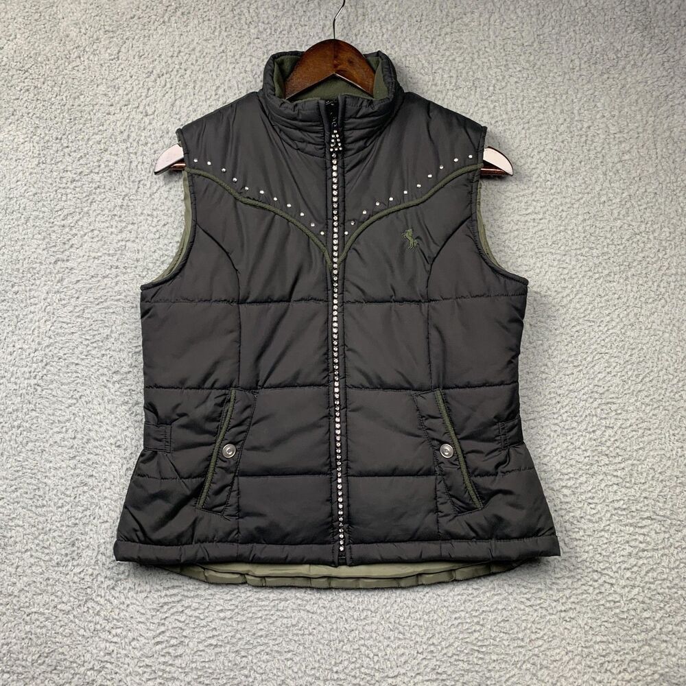 Cowgirl Up Vest Womens Medium Black Quilted Puffer Western Rhinestone Bling